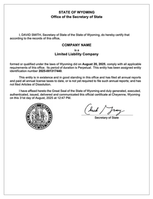 USA Wyoming certificate of registration Word and PDF template, version 2